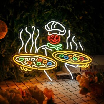 A Chef With Two Plates Of Pizza Neon Sign