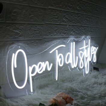 Open To All Styles White Neon Sign
