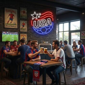 USA Soccer American Flag LED Neon Sign, Patriotic Red White &amp; Blue Waving Stripes Sports Wall Decor Light, Team Football Star Silhouette Light for Man Cave, Bar, Fan Cave Event Display