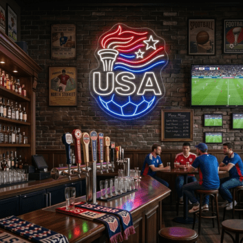USA Soccer Crest Shield LED Neon Sign, Patriotic Red White &amp; Blue Team Sports Wall Decor Light, American Football Emblem Silhouette Light for Man Cave, Bar, Fan Cave Event Display