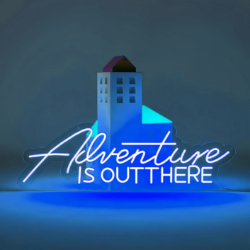 Neon sign &quot;Adventure is Out There&quot;