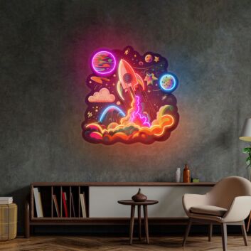 Rocket Launching Into Galaxy Led Neon Sign Light Pop Art