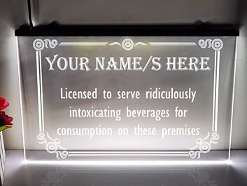 Licensed To Serve Intoxicating Beverages Personalized Hanging Neon Sign