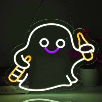 Cute Ghost Holding Drinks LED Neon Sign