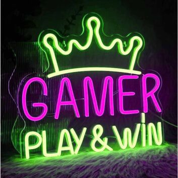 Play &amp; Win Gamer King Crown Game Neon Sign