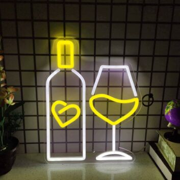 Bottle and Wine Glass with Hearts LED Neon Sign