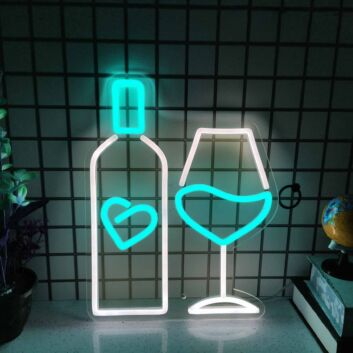 Bottle and Wine Glass with Hearts LED Neon Sign