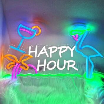 Happy Hour Flamingo Sunglasses Palm Tree Neon Sign