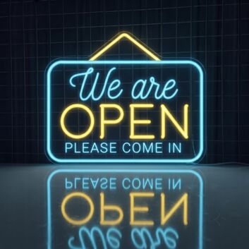 We Are Open Blue and Yellow Neon Sign for Businesses and Shops