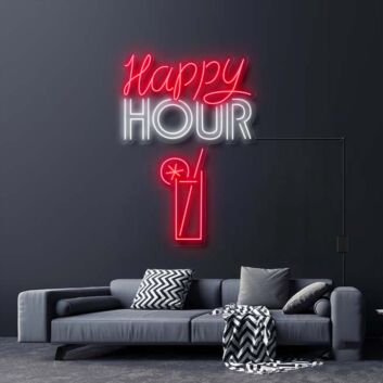 Happy Hour With Alcoholic Drink Neon Sign for Bars and Social Spaces