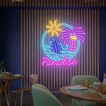 Paradise Beach View Neon Sign Coconut Tree LED Light Palm Tree Beach Sign for Tropical and Relaxing Decor