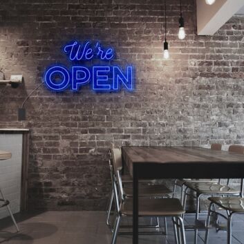 We’re OPEN Two-Line Blue LED Neon Sign