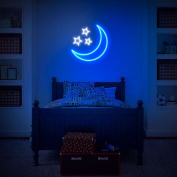 Blue Crescent Moon with Three Stars LED Neon Sign
