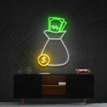 Cash Bag Multicolour Neon Sign for Wealth Themed Decor