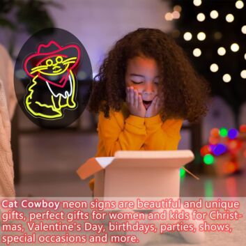 Funny Cat Neon Sign in Red Cowboy Hat Kids Room