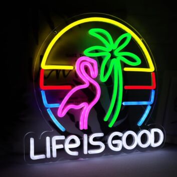 Green Coconut Tree and Deep Pink Crane Life is Good Neon Sign Living Room
