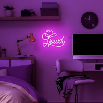 Howdy and Hat Deep Pink Bedroom Neon Sign Western Theme