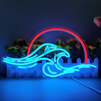 Ice Blue Waves and Red Sun Neon Sign Coastal Decor