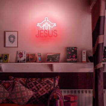 Red Jesus Text and White Cross Neon Sign Religious Event