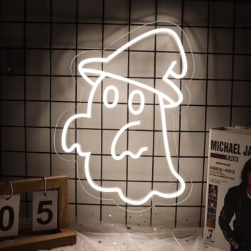 Brighten Up Your Halloween Festivities: Cute Ghost Hat Halloween LED Neon Sign Perfect for Home Decor, Office Spookiness, and Bar Celebrations