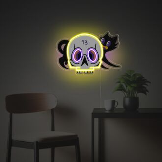 Fügen Sie Ihrem Zuhause, Ihrer Bar oder Ihrer Halloween-Party mit dem Menschlichen Schädelkopf mit Schwarzem Hut LED-Neon-Acrylkunstwerk einen unheimlich stilvollen Touch hinzu.