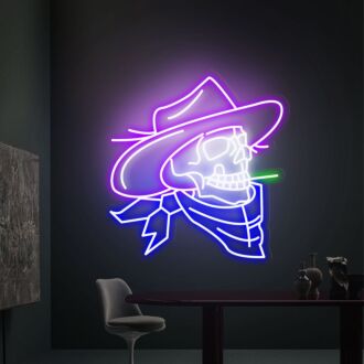 Erhöhen Sie die Atmosphäre Ihres Zuhauses, Büros oder Ihrer Bar mit dem Cowboy-Schädel-Neonlicht - eine einzigartige Mischung aus Wildwest- und gotischem Flair, perfekt für Wanddekorationen.