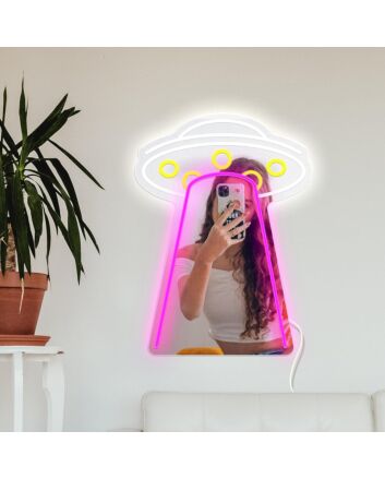 Transform your space into a vibrant haven for parties, weddings, and cozy evenings with the Cosmic Frisbee Styling Neon Mirror Sign.