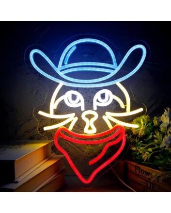 Brighten Up Your Bar, Bedroom, or Gaming Space with the Adorable Cute Cat In Dark Blue Cowboy Hat Neon Sign.