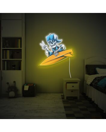 Transform Your Space into a Vibrant Haven: Surfer Skull UV Light Dazzling Neon Art Perfect for Parties, Bars, and Edgy Home Decor.