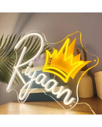 Light Up Your Space with Personal Touch: Riyaan Initial Crowned Letters Personalized UV Neon Sign for Weddings, Home Decor, and Bars.
