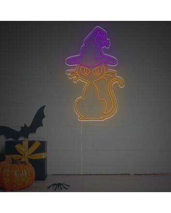Spookify Your Space: Perfect for Home Decor, Halloween Parties, and Themed Events - Halloween Cat With Wizard Hat LED Neon Sign.