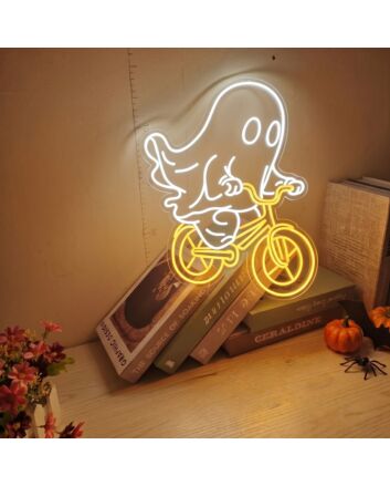Elevate Your Halloween Decor: Spookify Your Home, Office, or Party with the Halloween Ghost On A Bicycle LED Neon Sign.