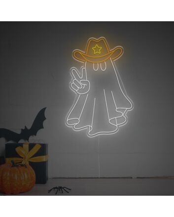Elevate Your Halloween Ambiance: Perfect for Home Decor, Theme Parties, and Bars - Halloween Ghost With Cowboy Hat With Star LED Neon Sign.