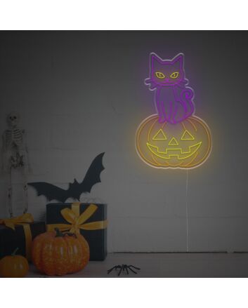 Brighten Your Halloween Celebration and Home Decor with the Enchanting Halloween Pumpkin With Night Cat LED Neon Sign.