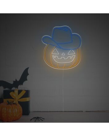Brighten Your Halloween Festivities and Theme Parties with the Halloween Smiling Pumpkin With Cowboy Hat LED Neon Sign.