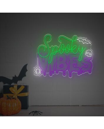 Transform your Halloween celebration and haunted house attraction with the Halloween Spokey Vibes With Bat And Skull LED Neon Sign.