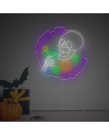 Brighten Up Your Halloween Party, Bar, or Home Decor with the Halloween Trick Or Tequila With Skull LED Neon Sign.