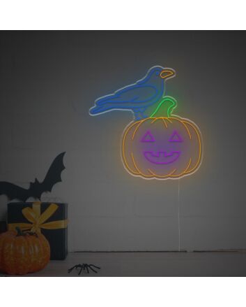Brighten Up Your Halloween Festivities and Home Decor with the Helloween Pumpkin With Blue Crow LED Neon Sign