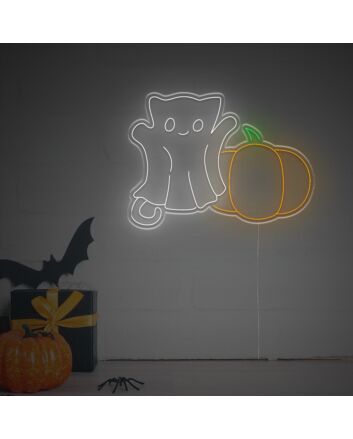 Add a Spooky Twist to Your Halloween Decor and Celebrations with the Pumpkins Cat Ghost LED Neon Sign.