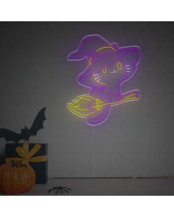 Light Up Your Nights with Witch Cat Rides Broom LED Neon Sign - Perfect for Halloween Decor, Themed Parties, and Witchcraft Boutiques.