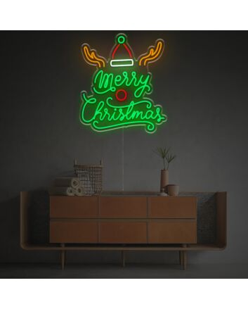 Bring Festive Joy to Your Space: Merry Christmas With Elk Antlers And Christmas Hat LED Neon Sign Perfect for Home, Office, and Holiday Celebrations.