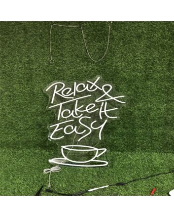 Brighten Your Coffee Corner, Office, or Cafe Ambiance with the Relax And Take It Easy With Coffee Yellow LED Neon Sign.
