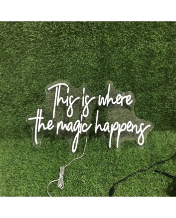 Transform any space into a mesmerizing retreat - ideal for weddings, home decor, and cozy cafes with the Warm White This Is Where The Magic Happens LED Neon Sign.
