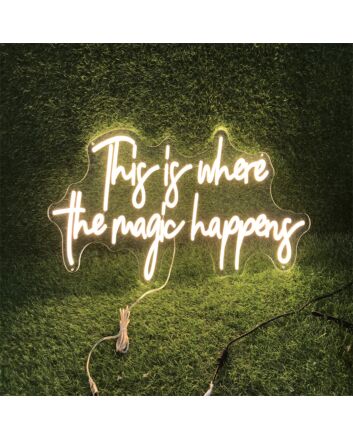 Transform any space into a mesmerizing retreat - ideal for weddings, home decor, and cozy cafes with the Warm White This Is Where The Magic Happens LED Neon Sign.