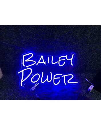 Elevate Your Bar, Office, or Wedding Ambiance with the Bailey Power Blue LED Neon Sign.