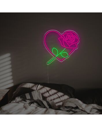 Brighten Up Your Space: A Rose With Pink Heart LED Neon Sign Perfect for Weddings, Bars, and Romantic Home Decor.