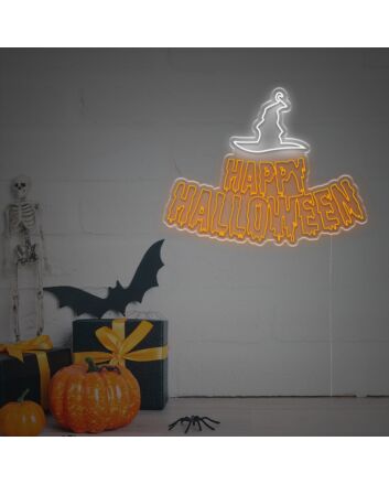 Brighten Up Your Halloween Festivities and Decor: Happy Halloween With Wizard Hat LED Neon Sign for Home, Office, and Party Ambiance.