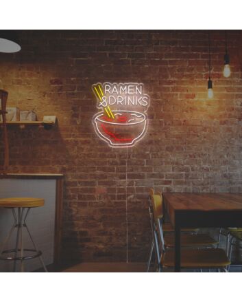 Brighten Your Kitchen, Bar Area, or Next Party with the Vibrant Ramen And Drinks LED Neon Sign.