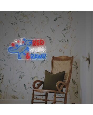 Elevate your space with the Red White And Rawr With Tyrannosaurus Rex LED Neon Sign, perfect for bars, themed events, and playful home decor.