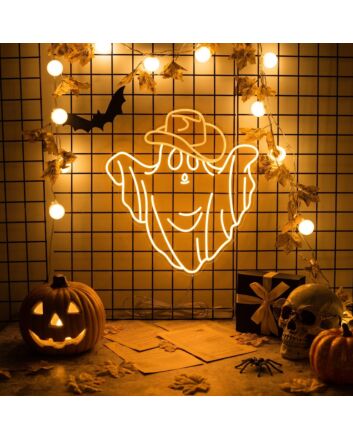 Add a Playful Western Glow to Your Bar, Game Room, or Halloween Event with the Ghost With Cowboy Hat And Boots LED Neon Sign.